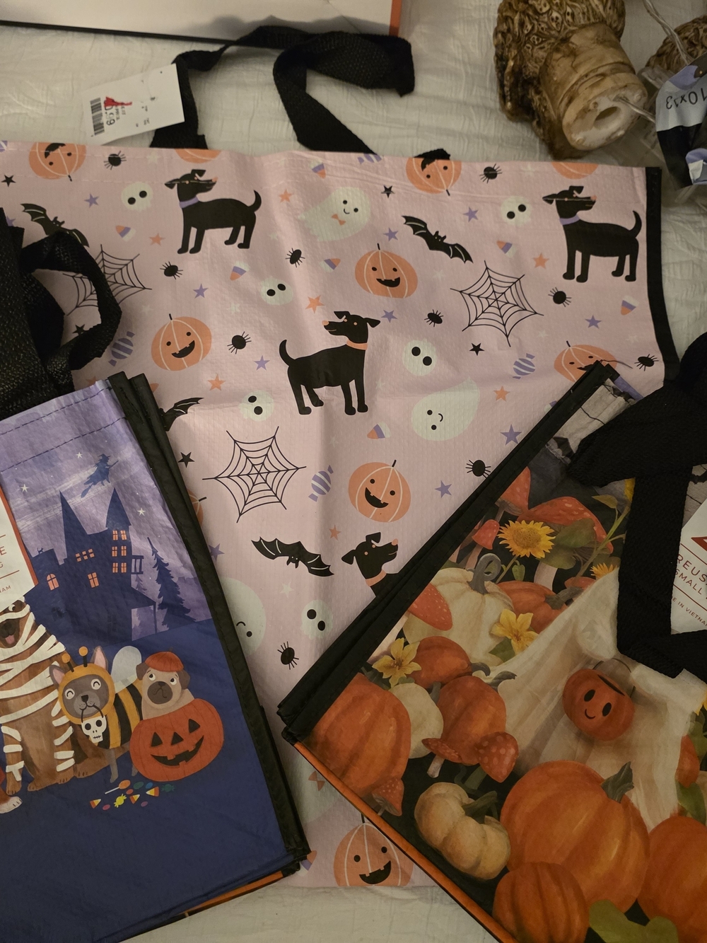 Marshalls Pink Halloween Tote Bag with Black Dog and Pumpkin Motif